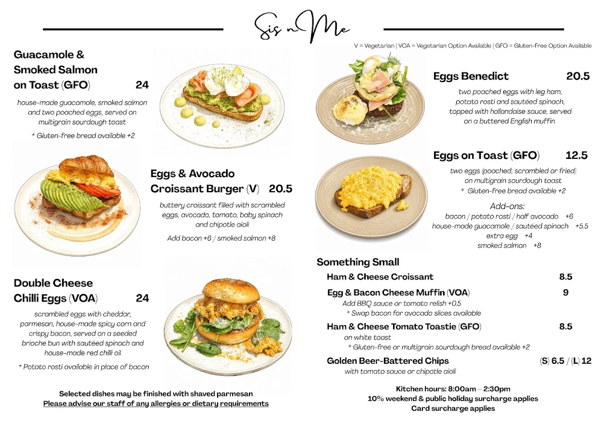 Menu, Sis N Me Café
