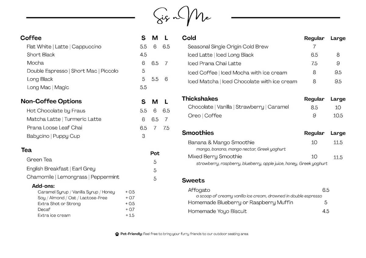 Menu, Sis N Me Café