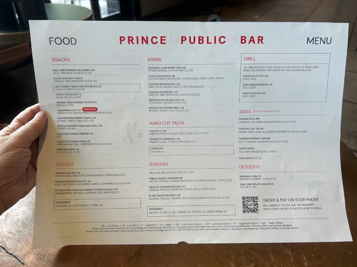 Menu, Prince Public Bar