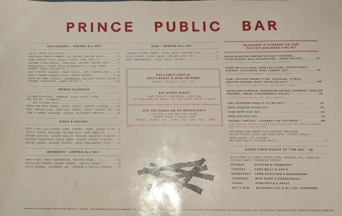 Menu, Prince Public Bar