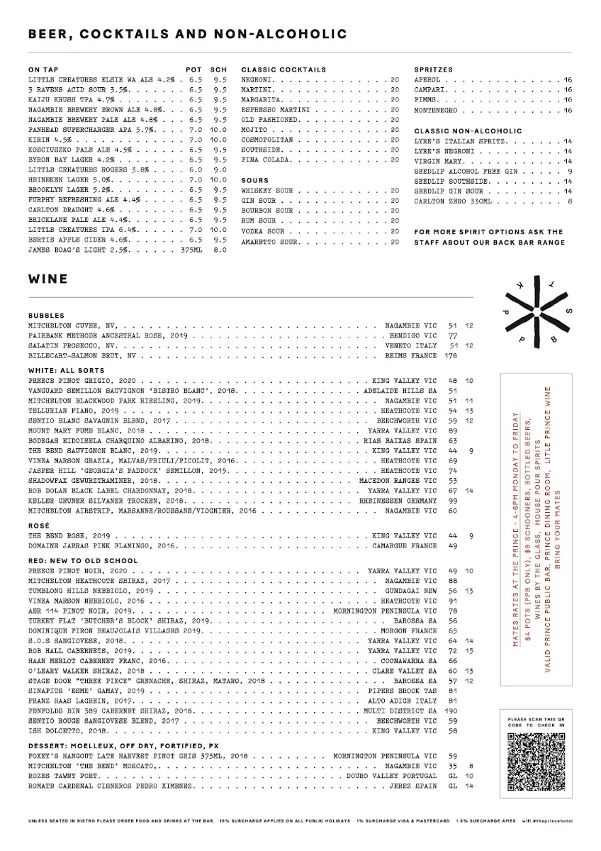 Menu, Prince Public Bar