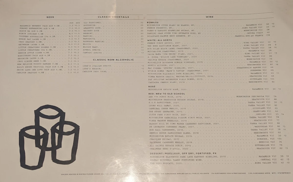 Menu, Prince Public Bar