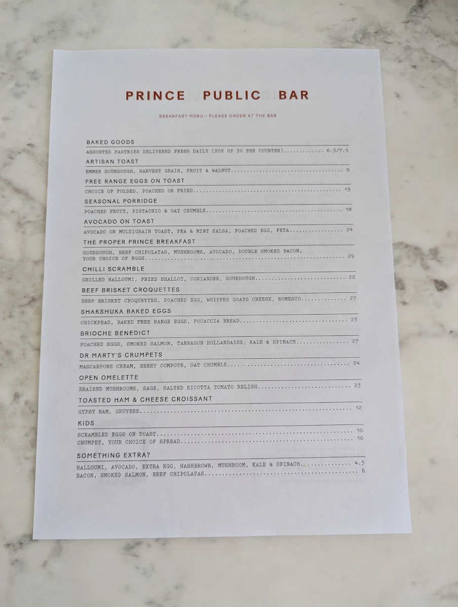 Menu, Prince Public Bar