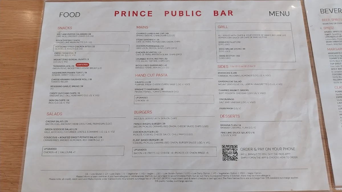 Menu, Prince Public Bar