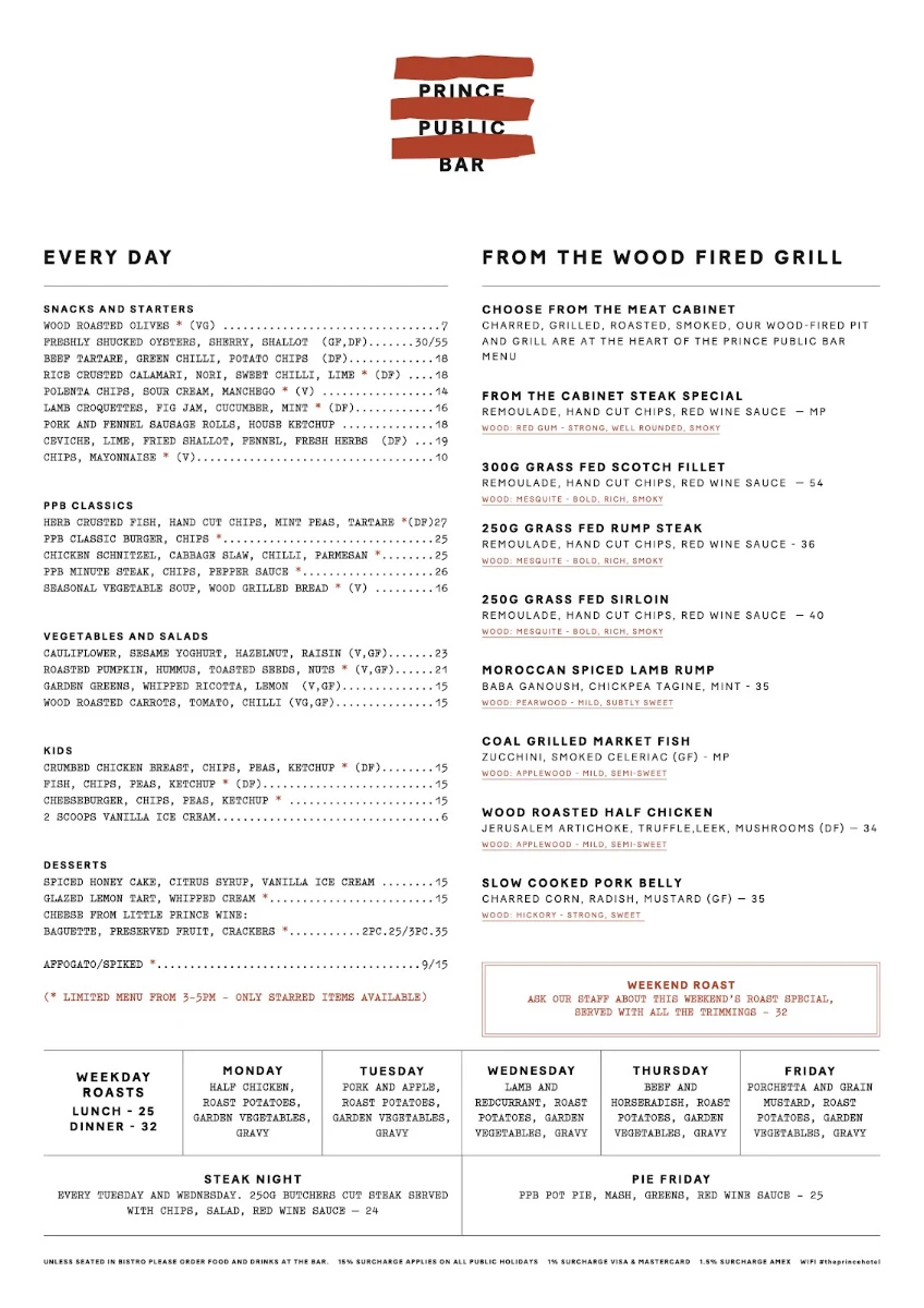 Menu, Prince Public Bar