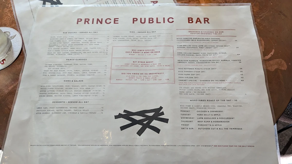 Menu, Prince Public Bar