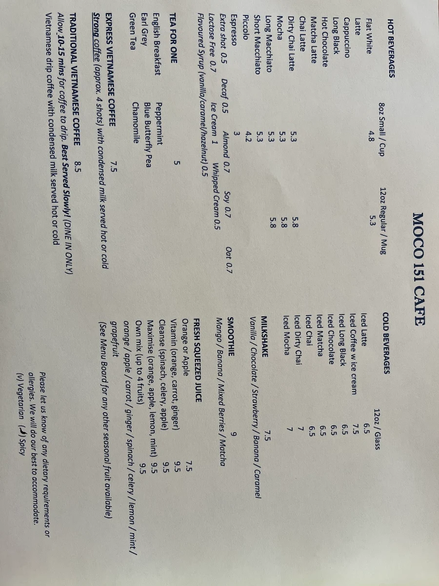 Menu, Moco 151