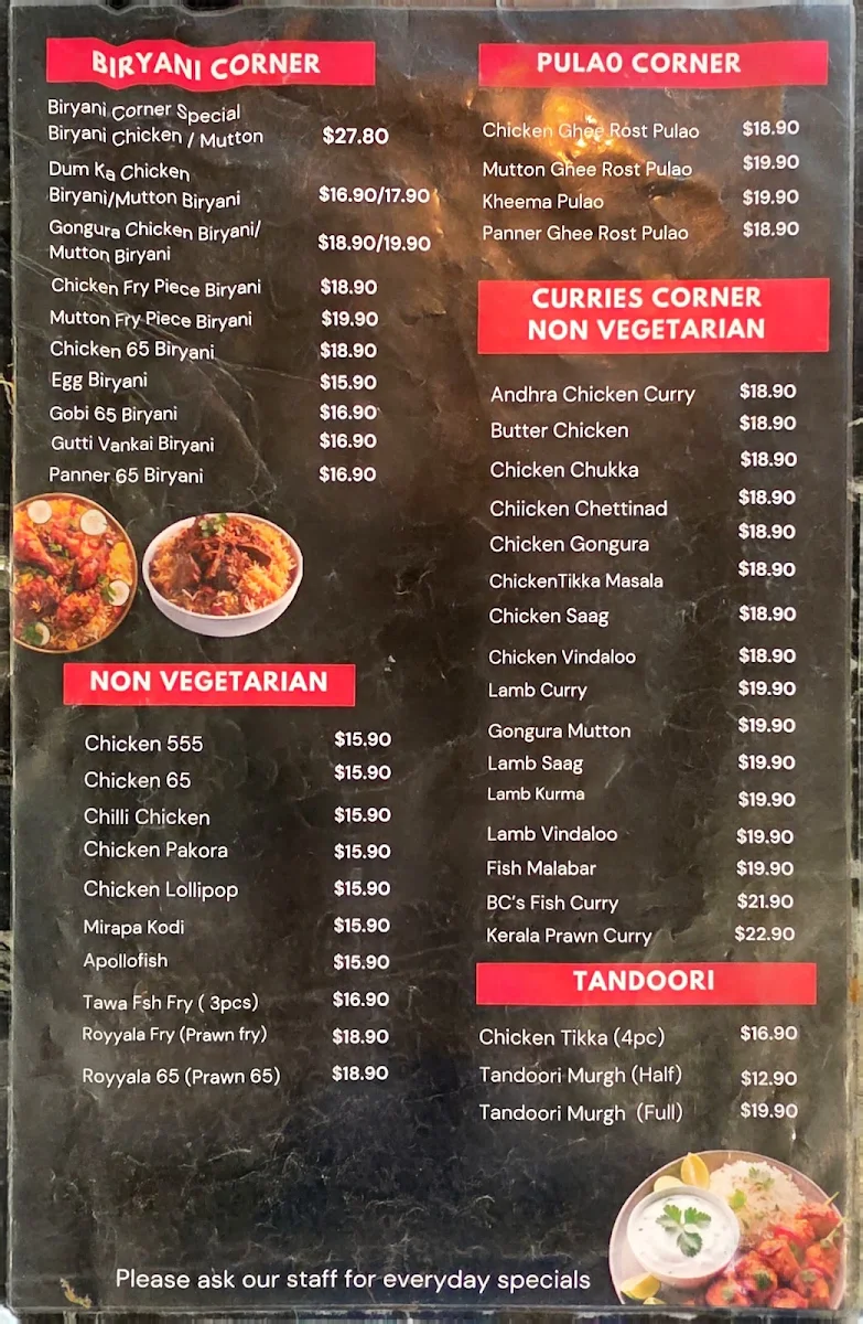 Menu, Biryani Corner Homebush