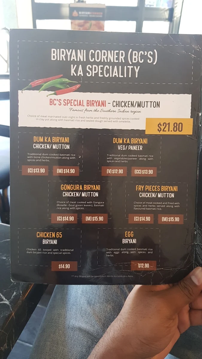 Menu, Biryani Corner Homebush
