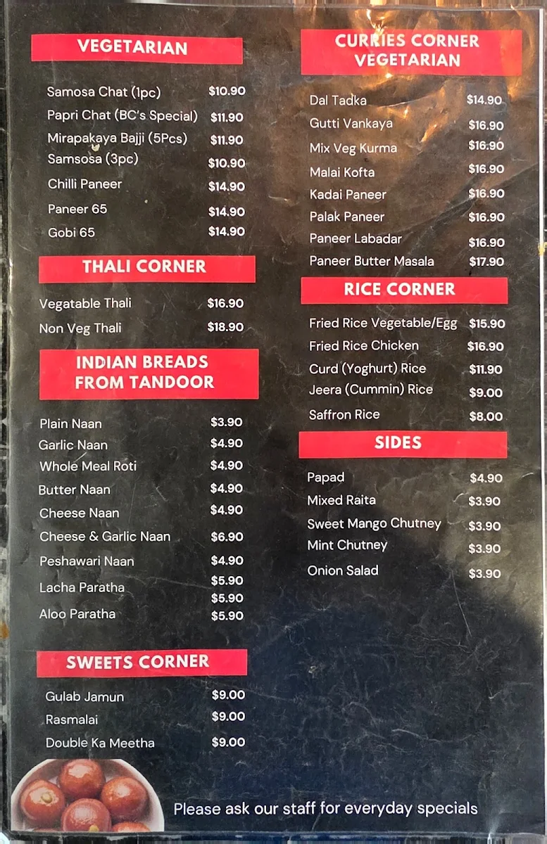 Menu, Biryani Corner Homebush