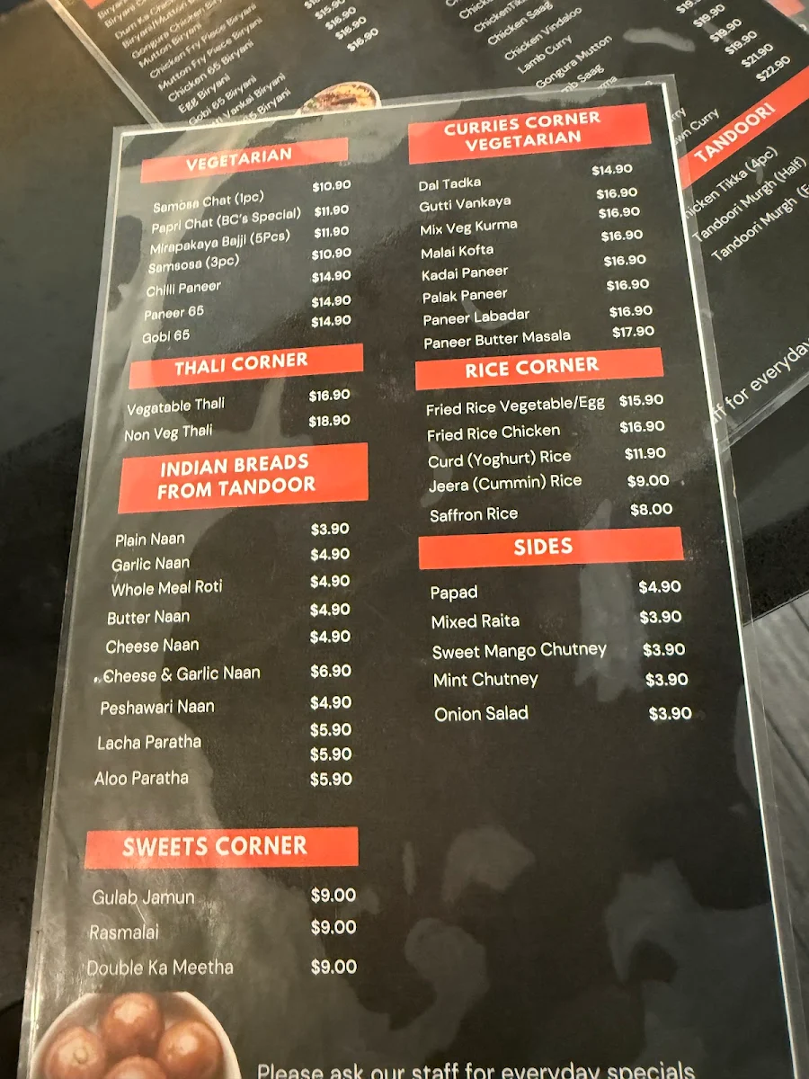 Menu, Biryani Corner Homebush