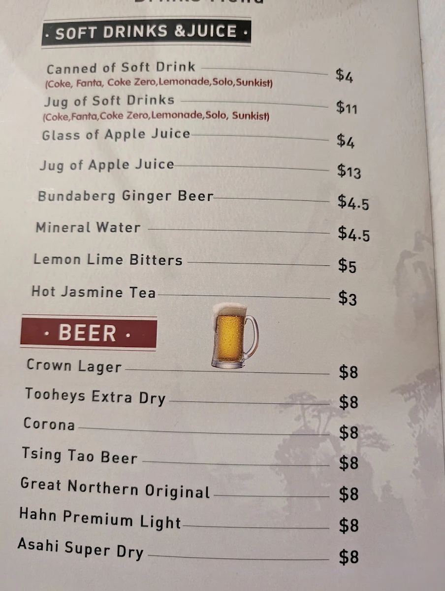 Menu, Tang's Palace Kings Langley