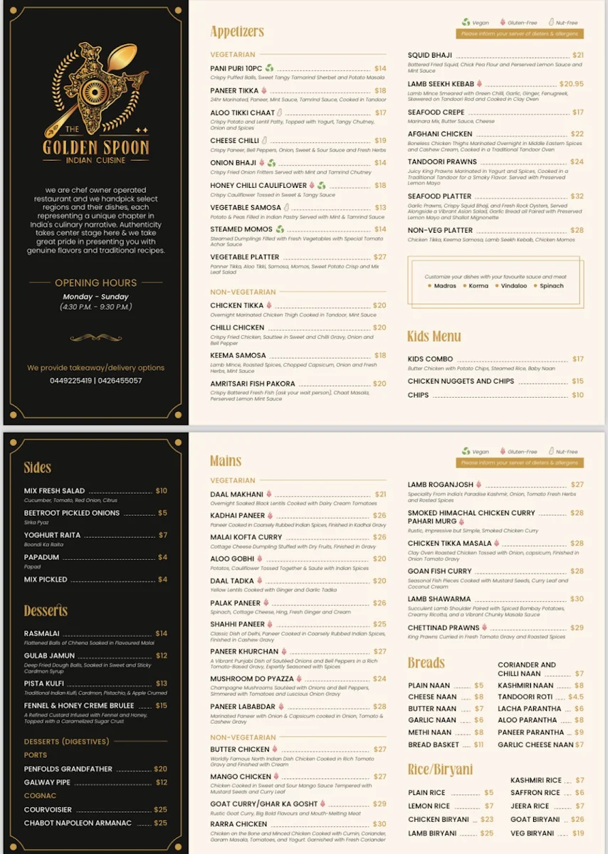 Menu, The Golden Spoon Indian cuisine