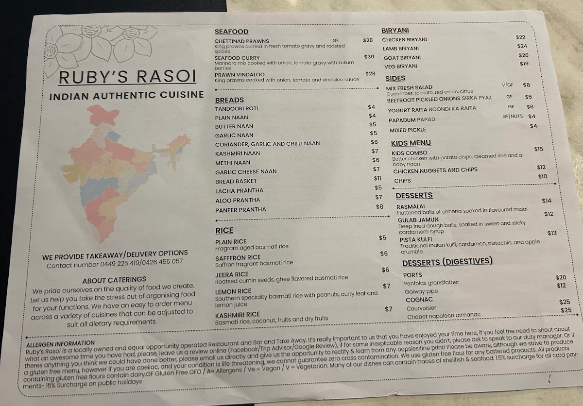Menu, The Golden Spoon Indian cuisine