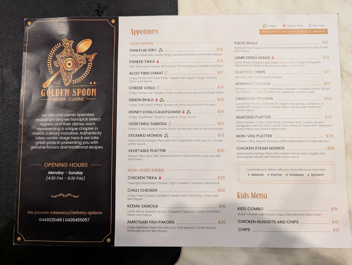 Menu, The Golden Spoon Indian cuisine