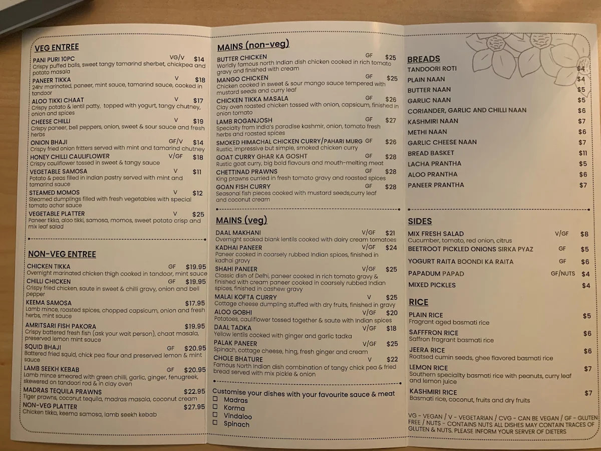 Menu, The Golden Spoon Indian cuisine