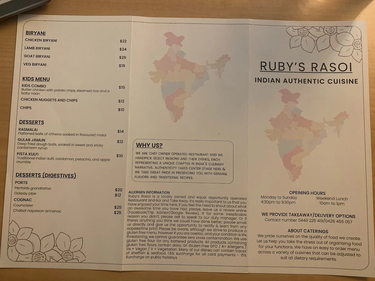 Menu, The Golden Spoon Indian cuisine