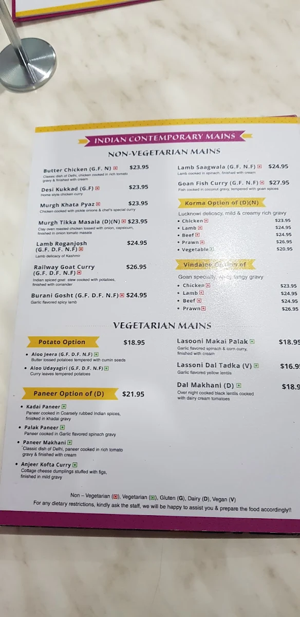 Menu, The Golden Spoon Indian cuisine