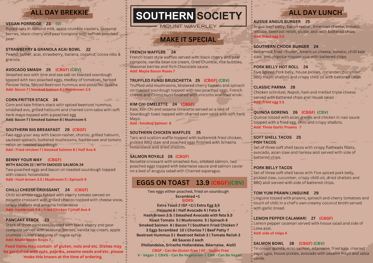 Menu, Southern Society Cafe & Restaurant