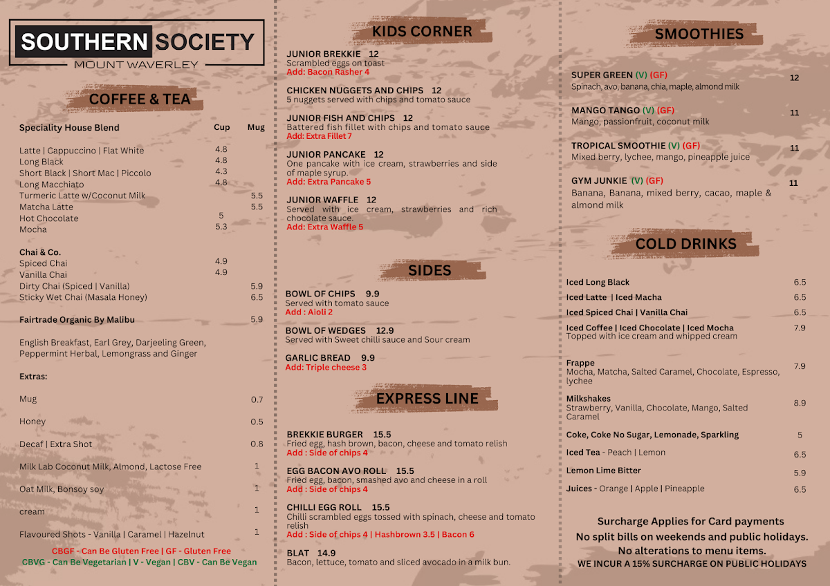 Menu, Southern Society Cafe & Restaurant