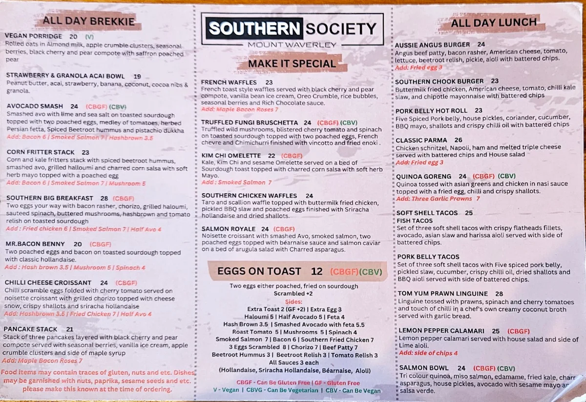 Menu, Southern Society Cafe & Restaurant