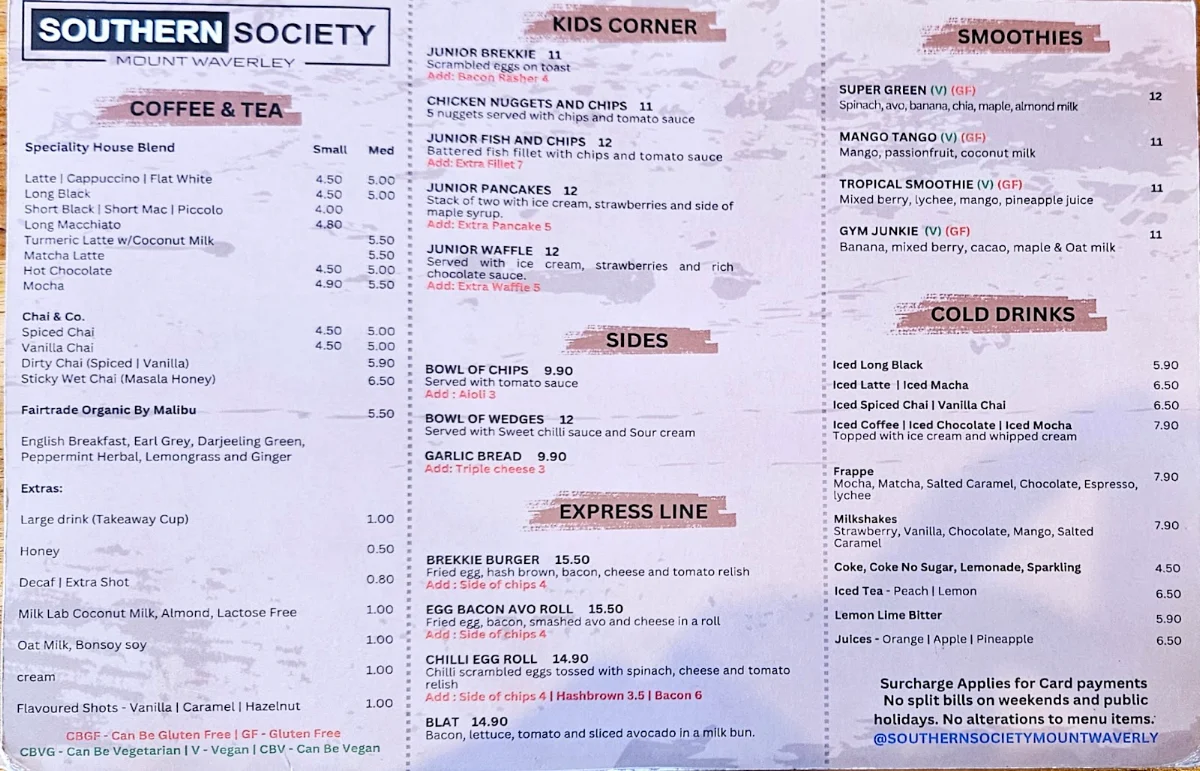 Menu, Southern Society Cafe & Restaurant