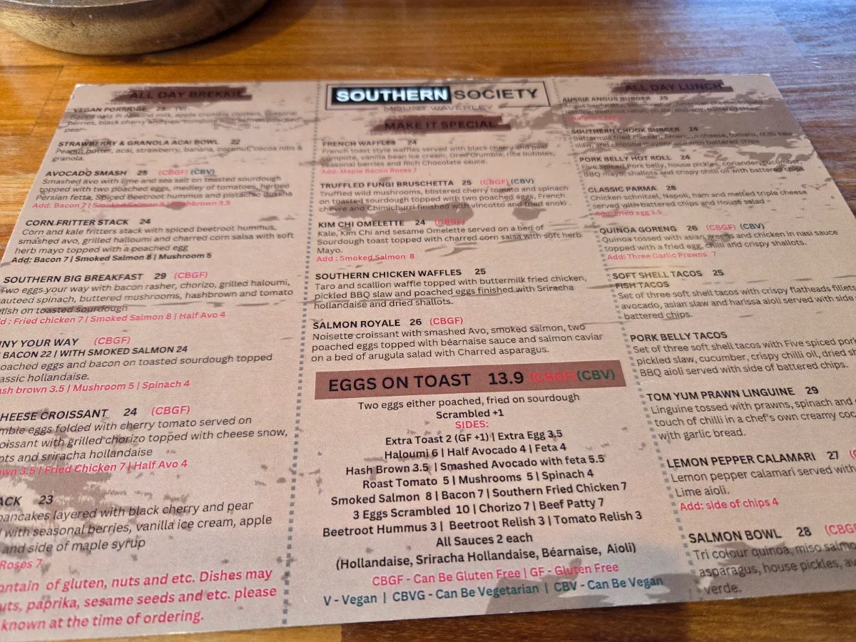 Menu, Southern Society Cafe & Restaurant