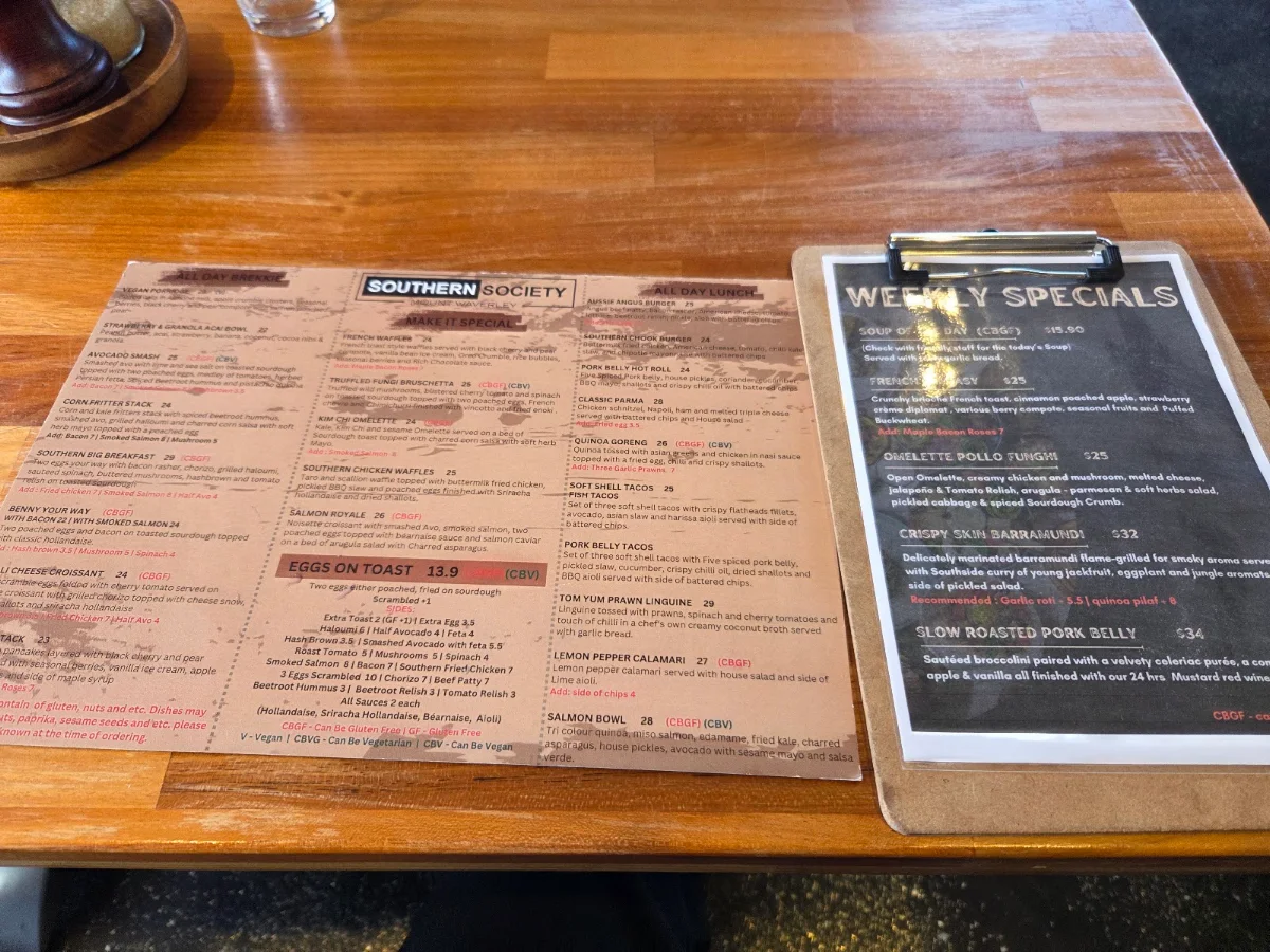 Menu, Southern Society Cafe & Restaurant