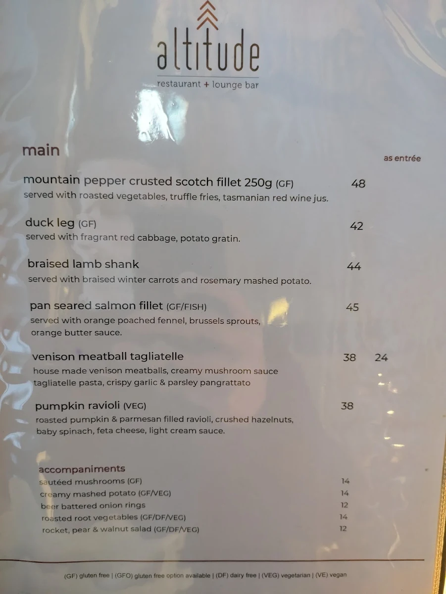 Menu, Altitude Restaurant + Lounge Bar