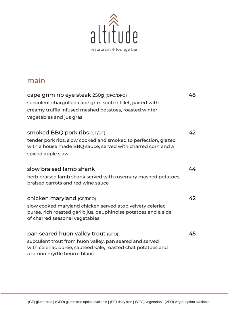 Menu, Altitude Restaurant + Lounge Bar