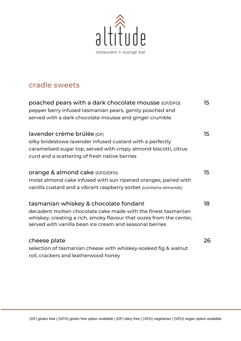 Menu, Altitude Restaurant + Lounge Bar