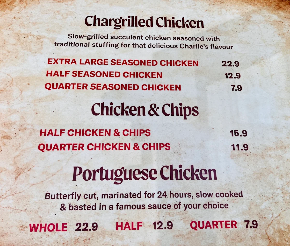 Menu, Chargrill Charlie's Annandale