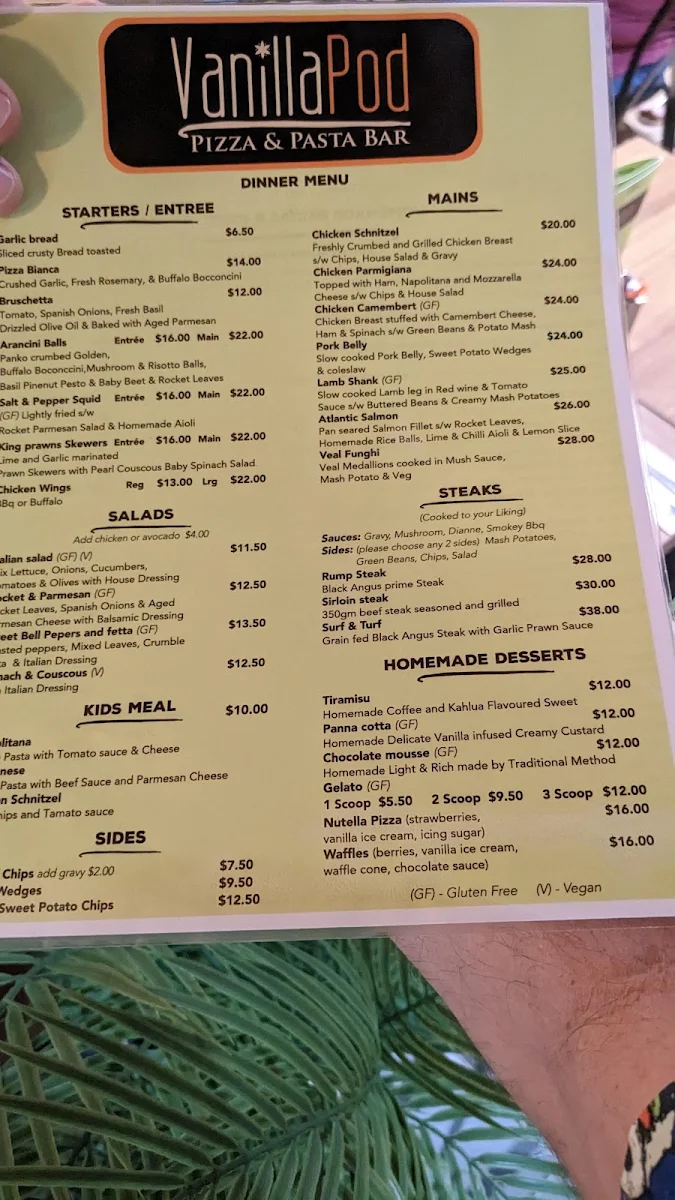 Menu, Vanilla Pod Pizza & Pasta Bar Kingston