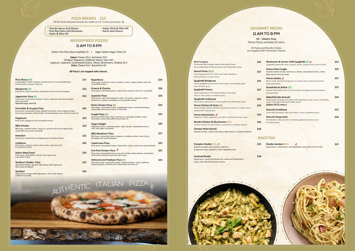 Menu, Vanilla Pod Pizza & Pasta Bar Kingston