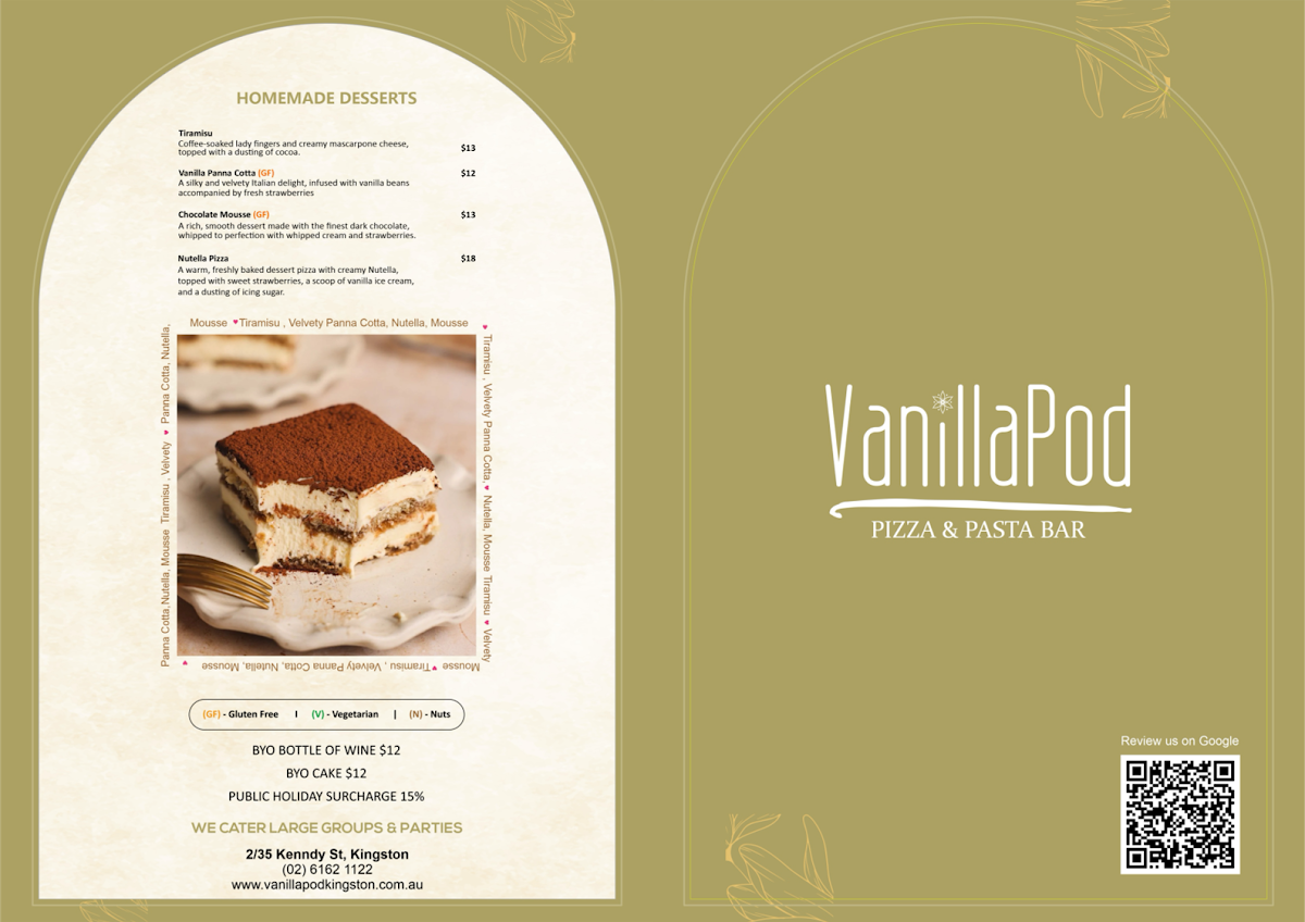 Menu, Vanilla Pod Pizza & Pasta Bar Kingston