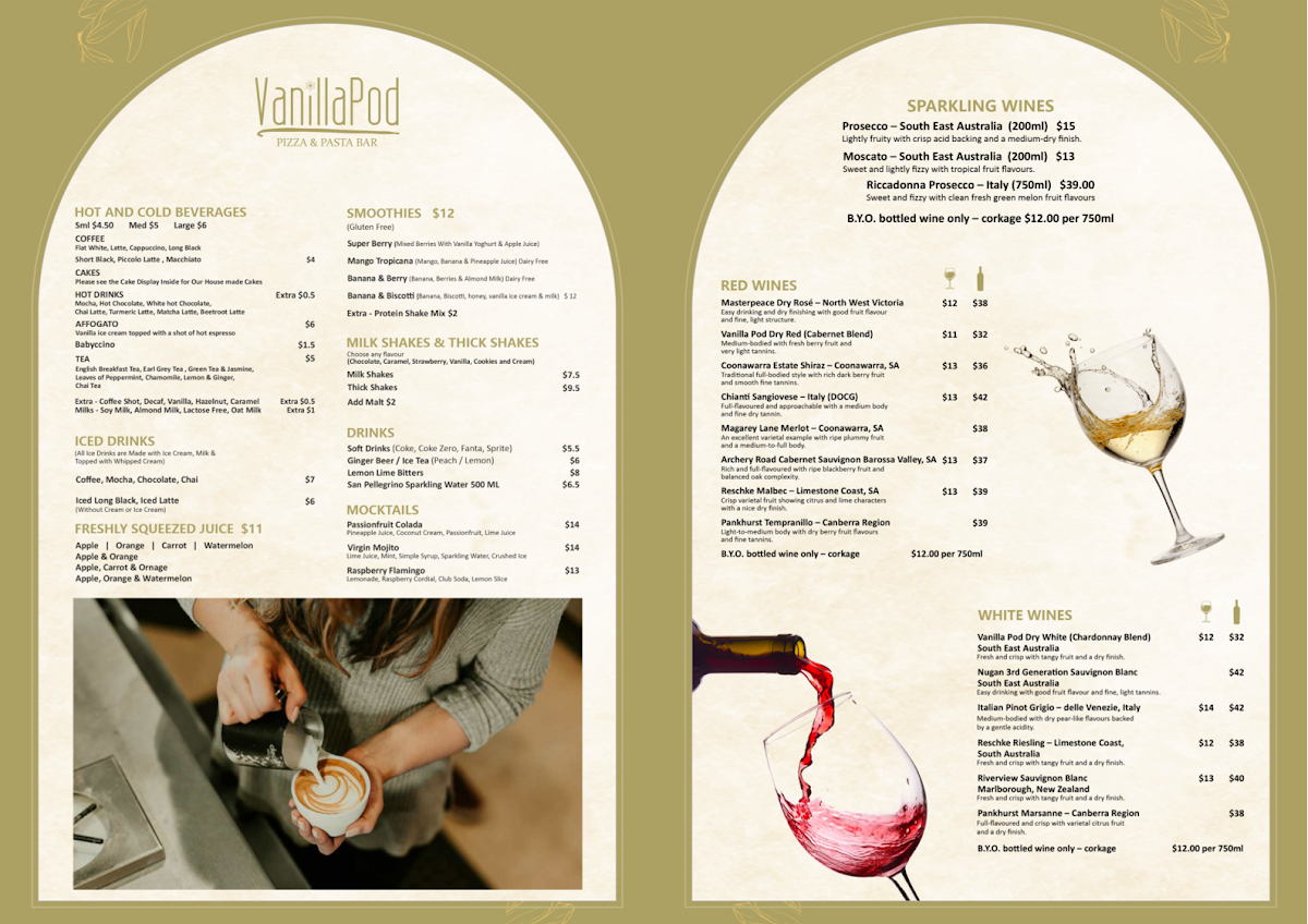 Menu, Vanilla Pod Pizza & Pasta Bar Kingston