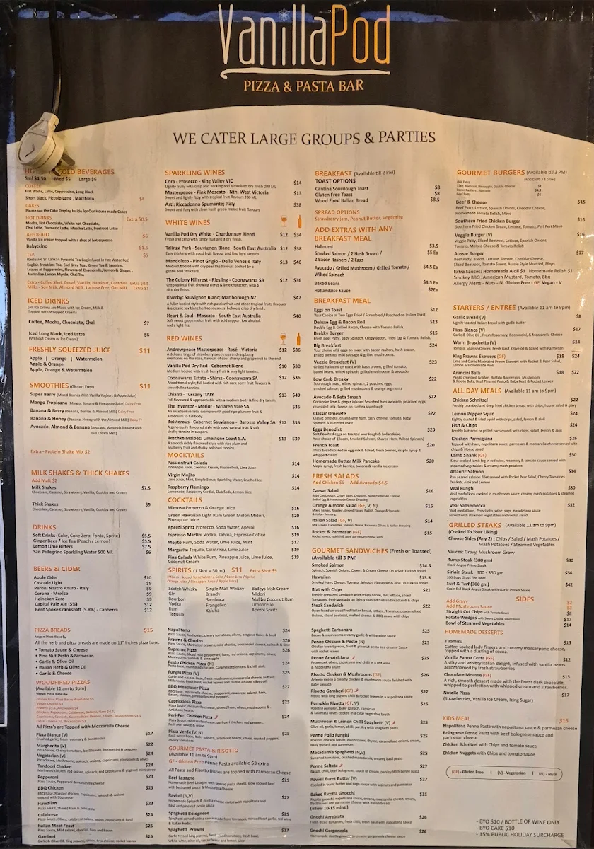 Menu, Vanilla Pod Pizza & Pasta Bar Kingston