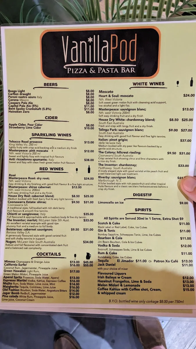 Menu, Vanilla Pod Pizza & Pasta Bar Kingston