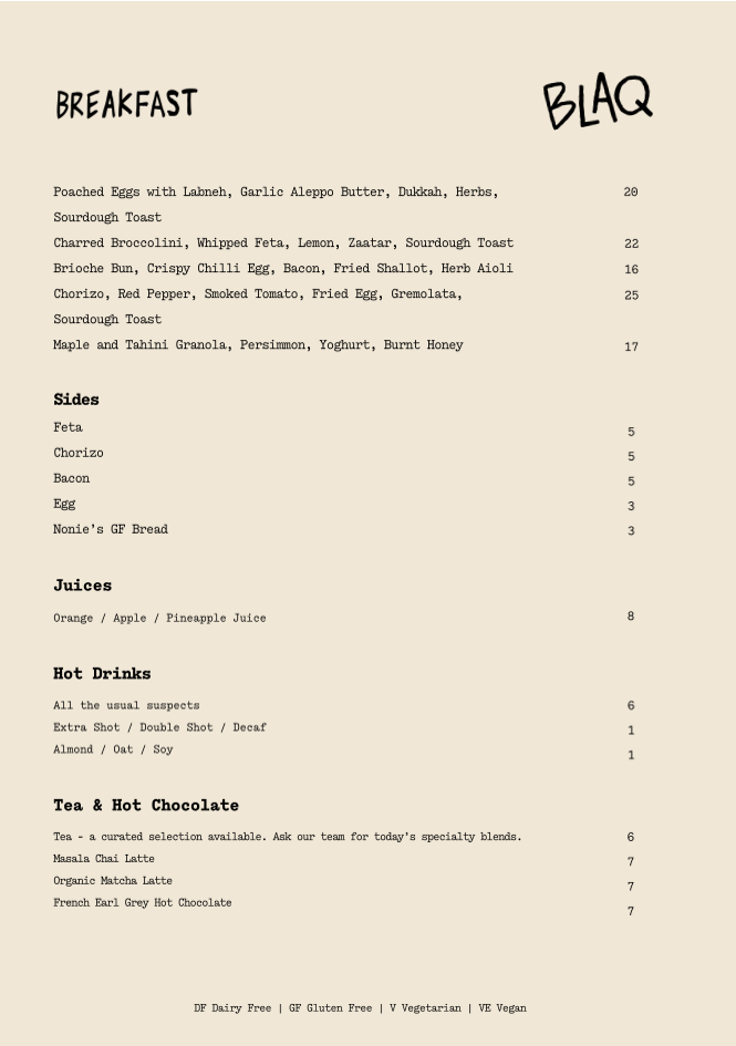 Menu, BLAQ