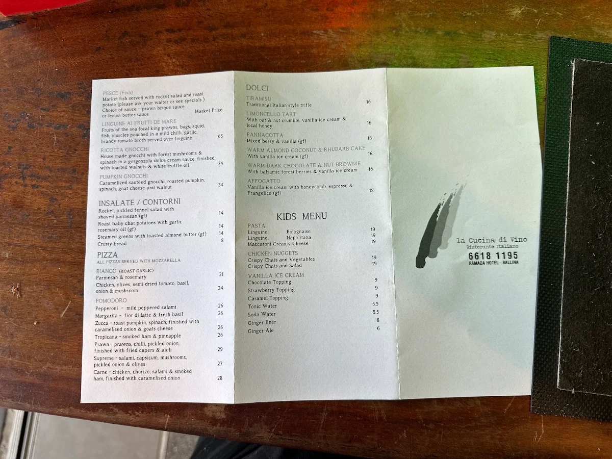 Menu, La Cucina di Vino