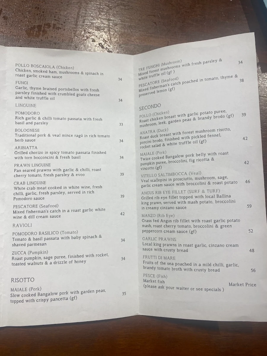 Menu, La Cucina di Vino