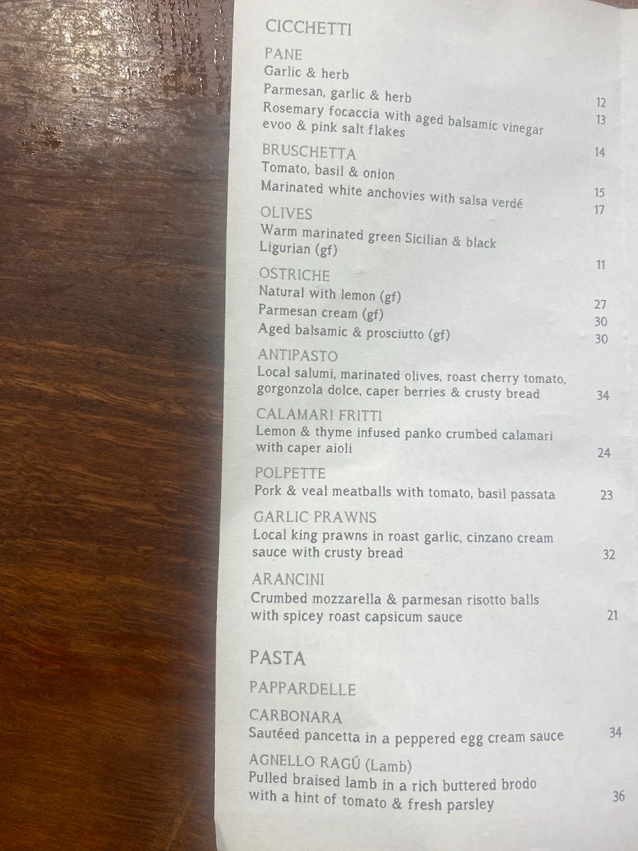 Menu, La Cucina di Vino
