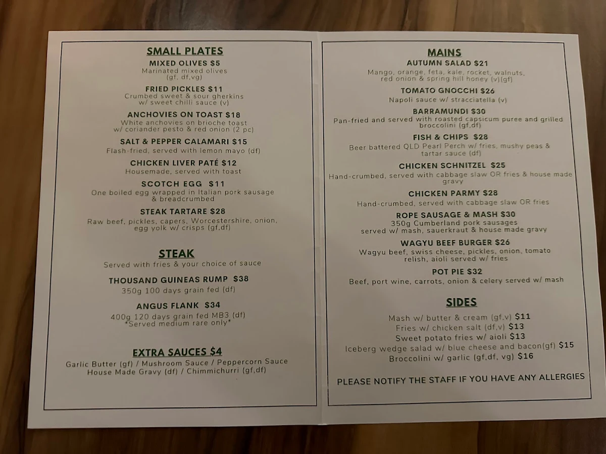 Menu, The Alliance Hotel