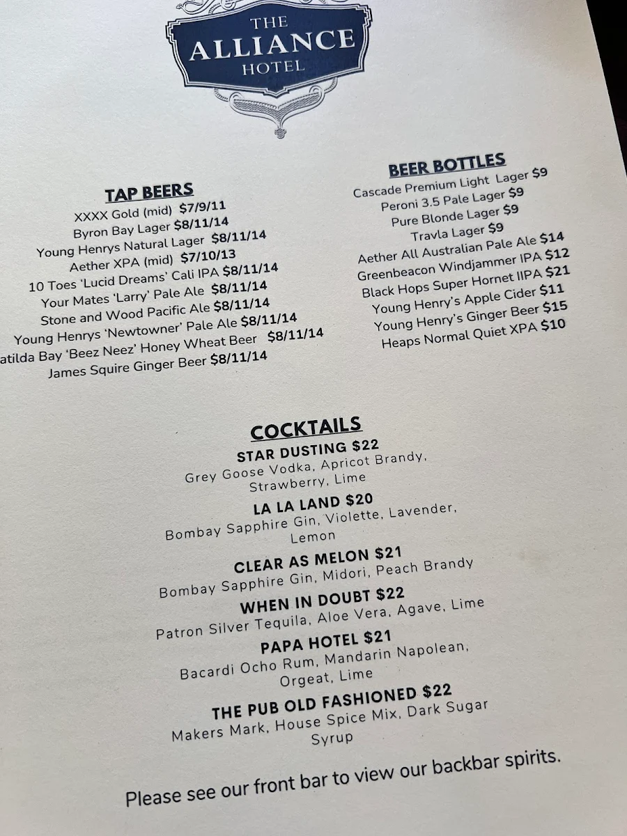 Menu, The Alliance Hotel