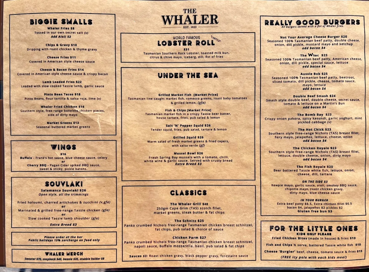 Menu, The Whaler