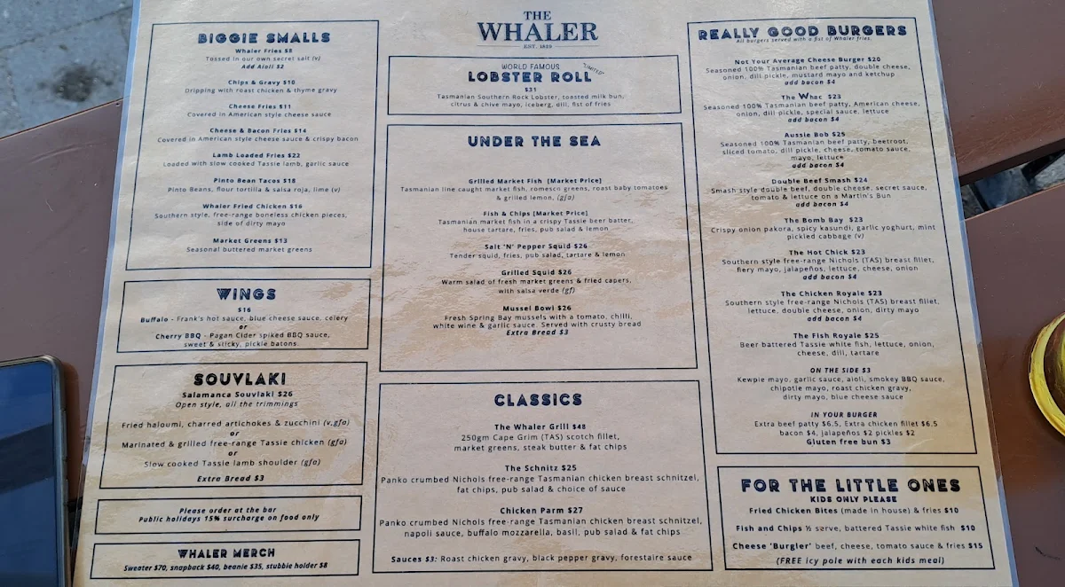 Menu, The Whaler