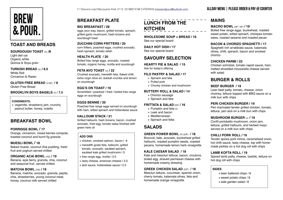 Menu, Brew & Pour