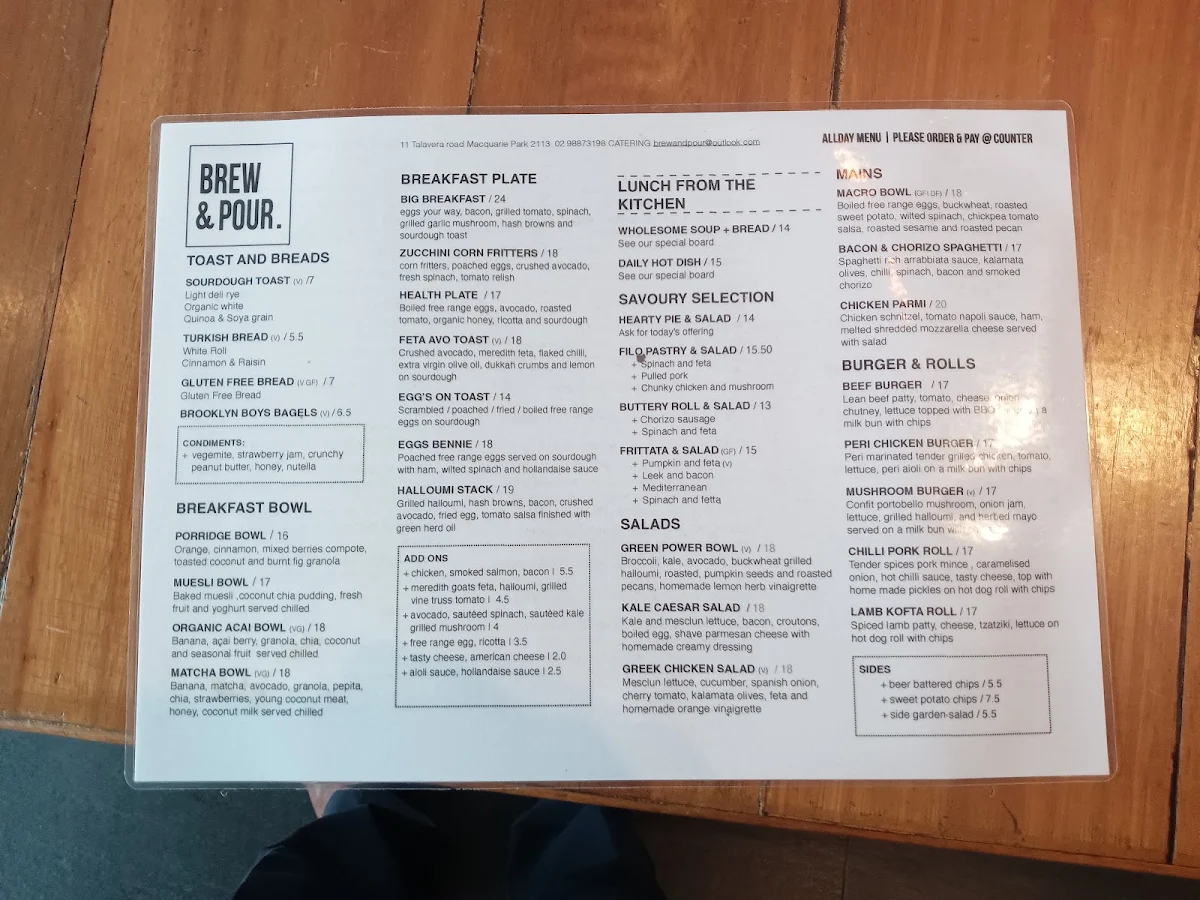 Menu, Brew & Pour