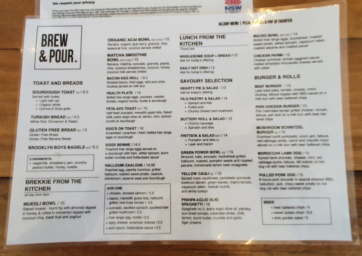 Menu, Brew & Pour