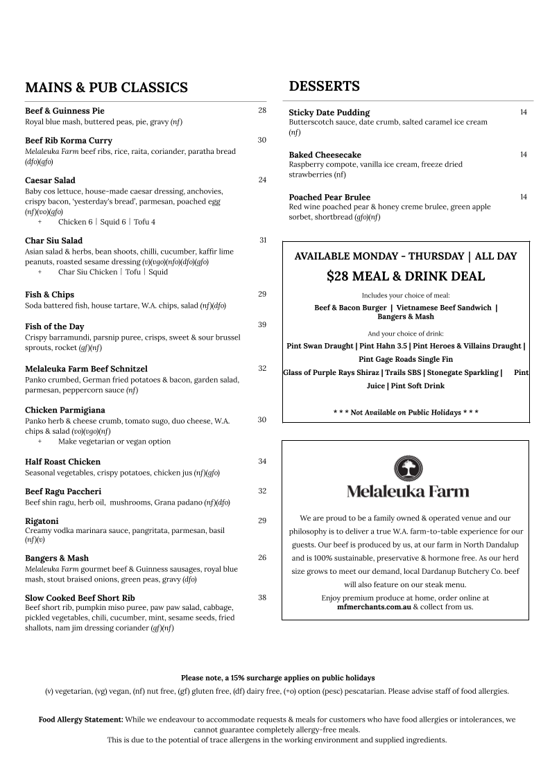 Menu, C.Y. O'Connor Village Pub
